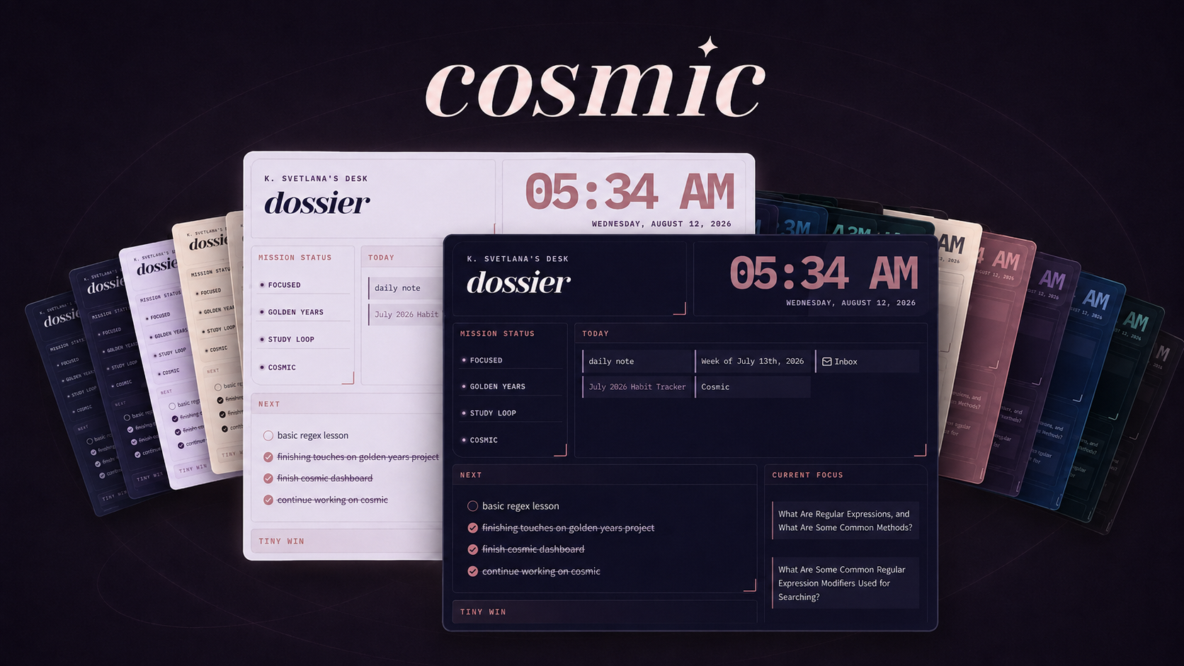 cosmic theme showing multiple Obsidian color schemes