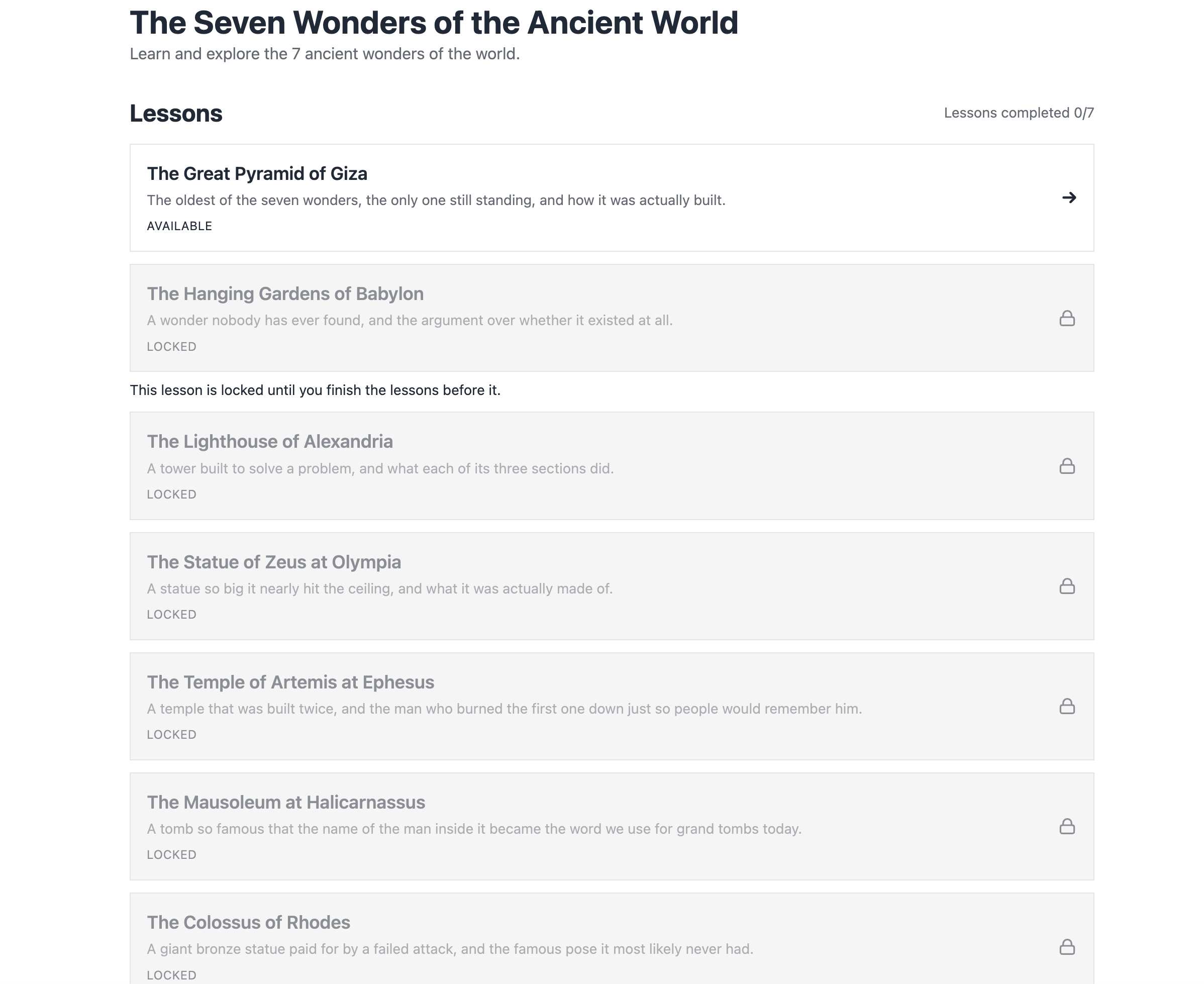 History Heroes module page showing lessons and progress
