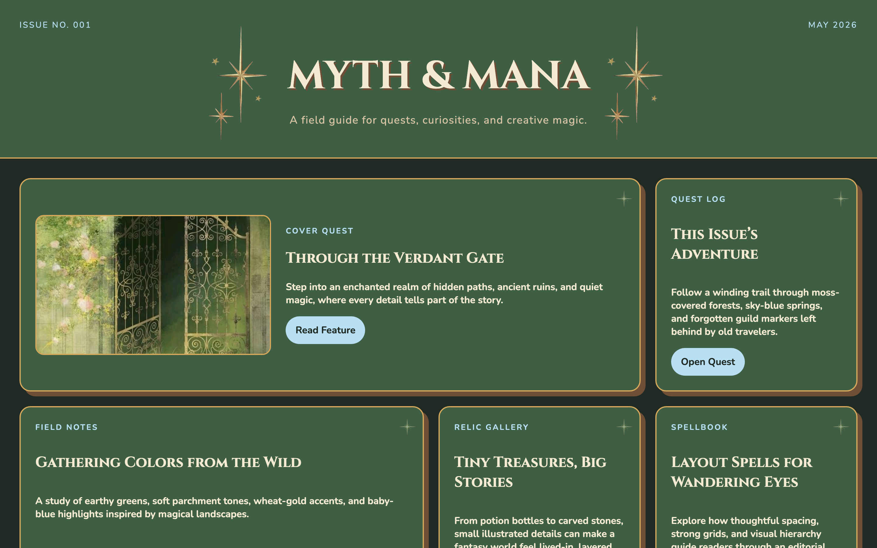 Myth and Mana fantasy editorial website homepage