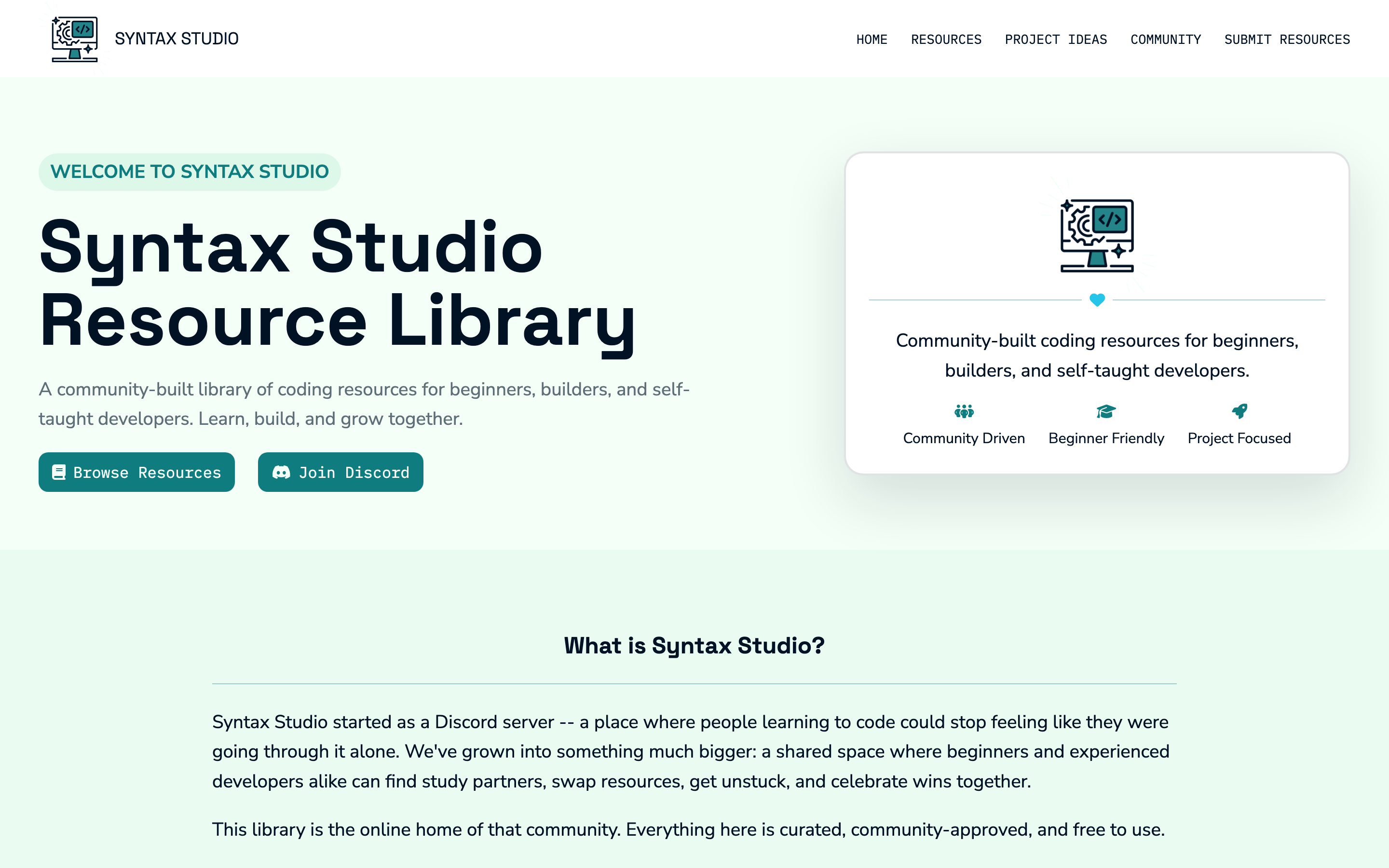 Syntax Studio Resource Library homepage