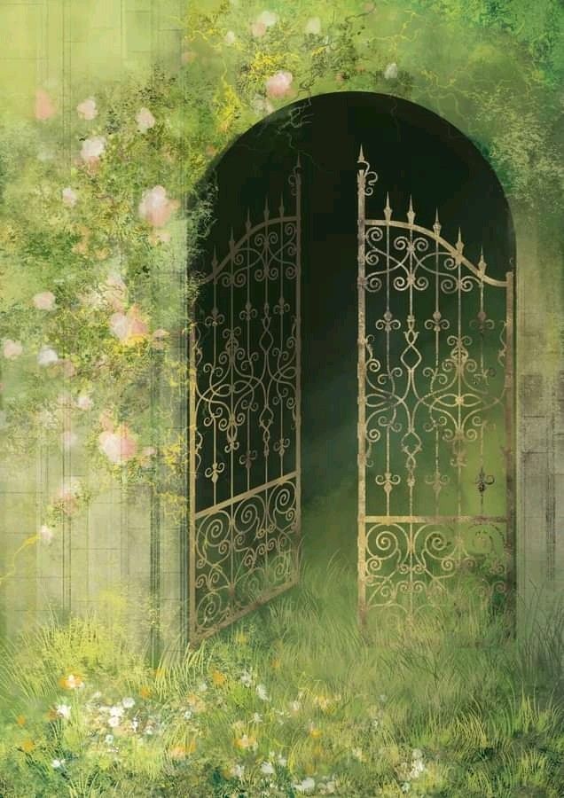 A mossy fantasy gate in an enchanted forest